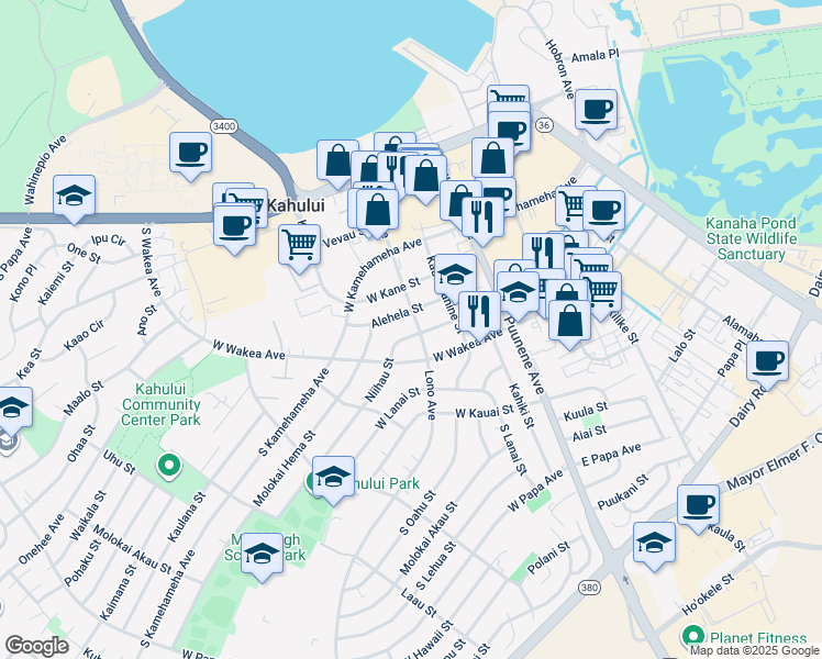map of restaurants, bars, coffee shops, grocery stores, and more near 214 Lono Avenue in Kahului