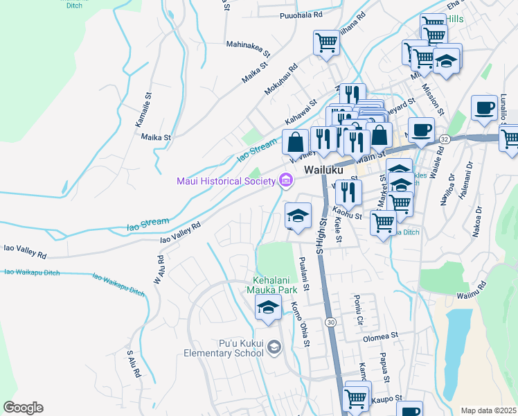 map of restaurants, bars, coffee shops, grocery stores, and more near 132 Eulu Street in Wailuku