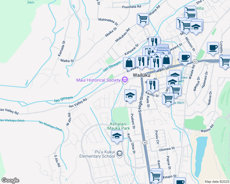 map of restaurants, bars, coffee shops, grocery stores, and more near 132 Eulu Street in Wailuku