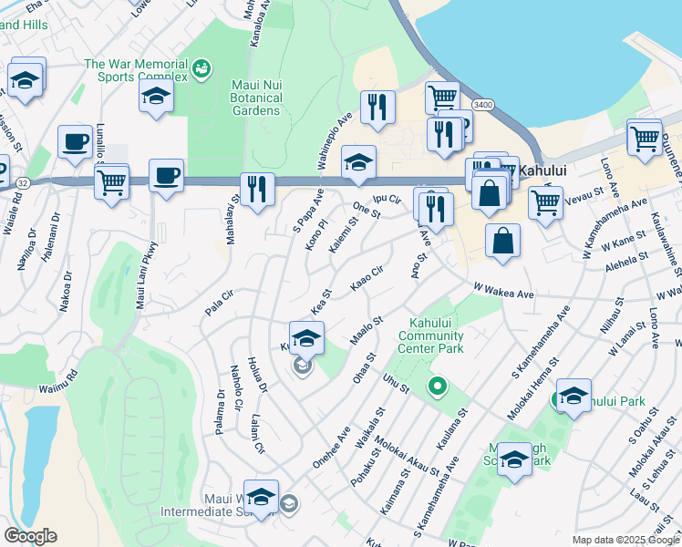 map of restaurants, bars, coffee shops, grocery stores, and more near 519 Kea Street in Kahului