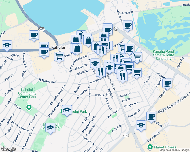 map of restaurants, bars, coffee shops, grocery stores, and more near 220 Kaulawahine Street in Kahului