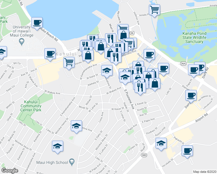 map of restaurants, bars, coffee shops, grocery stores, and more near 220 Kaulawahine Street in Kahului