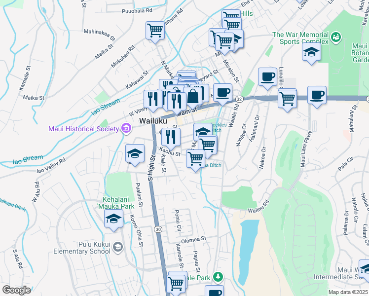 map of restaurants, bars, coffee shops, grocery stores, and more near 2108 Kaohu Street in Wailuku