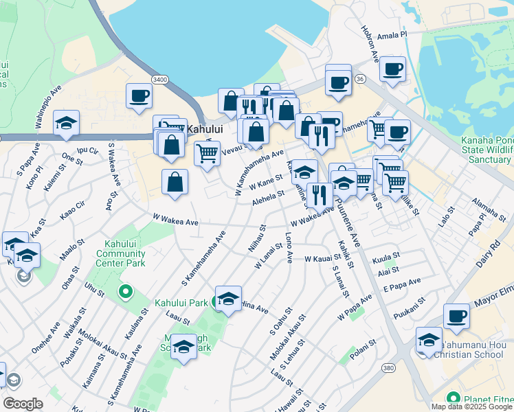 map of restaurants, bars, coffee shops, grocery stores, and more near 197 Molokai Hema Street in Kahului