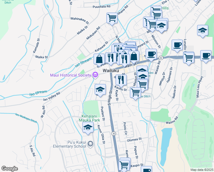 map of restaurants, bars, coffee shops, grocery stores, and more near 77 Hoolaau Street in Wailuku
