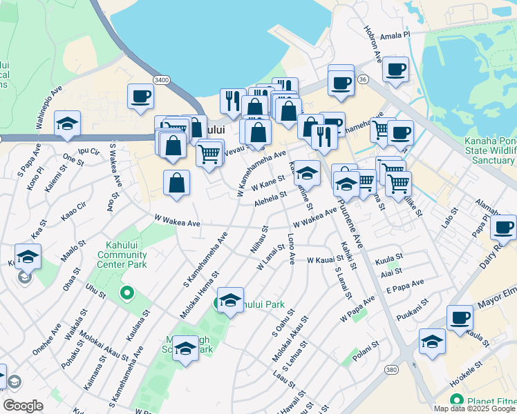 map of restaurants, bars, coffee shops, grocery stores, and more near 197 Molokai Hema Street in Kahului