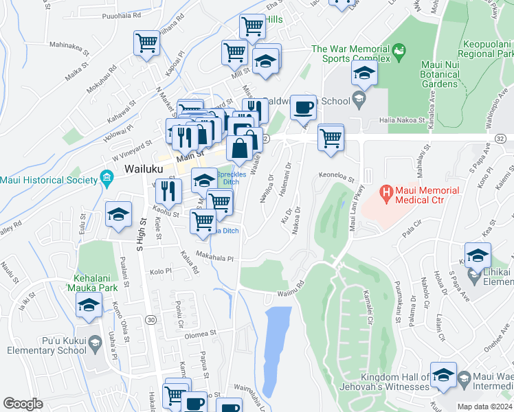 map of restaurants, bars, coffee shops, grocery stores, and more near 263 Naniloa Drive in Wailuku