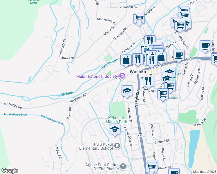 map of restaurants, bars, coffee shops, grocery stores, and more near 62 Kakawahie Place in Wailuku