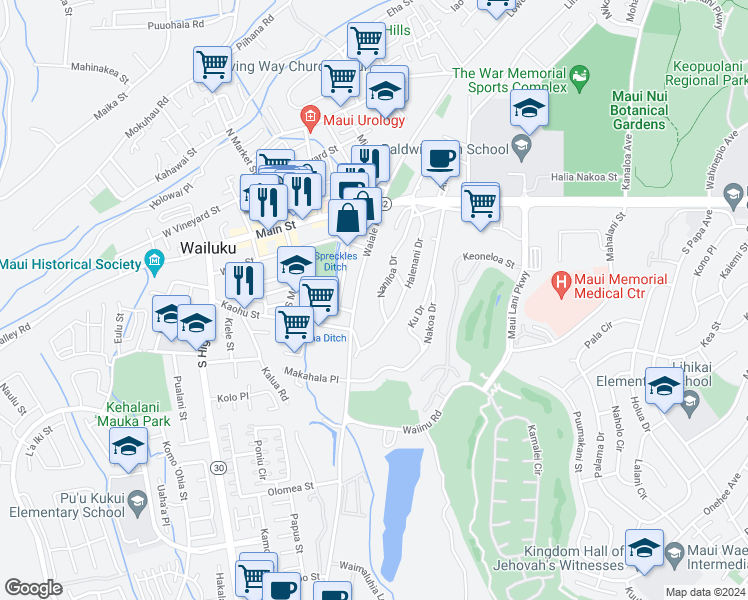 map of restaurants, bars, coffee shops, grocery stores, and more near 261 Naniloa Drive in Wailuku