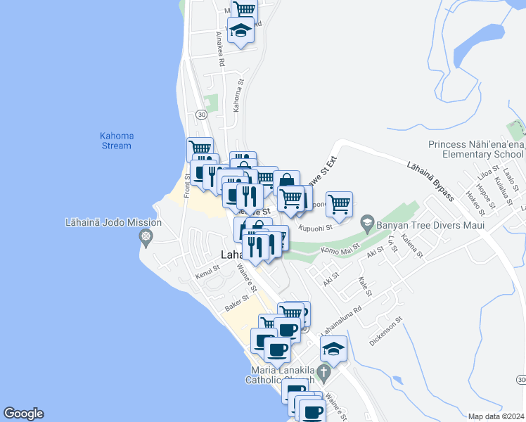 map of restaurants, bars, coffee shops, grocery stores, and more near East Kuu Aku Lane in Lahaina