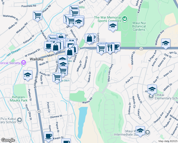 map of restaurants, bars, coffee shops, grocery stores, and more near 126 Ku Drive in Wailuku