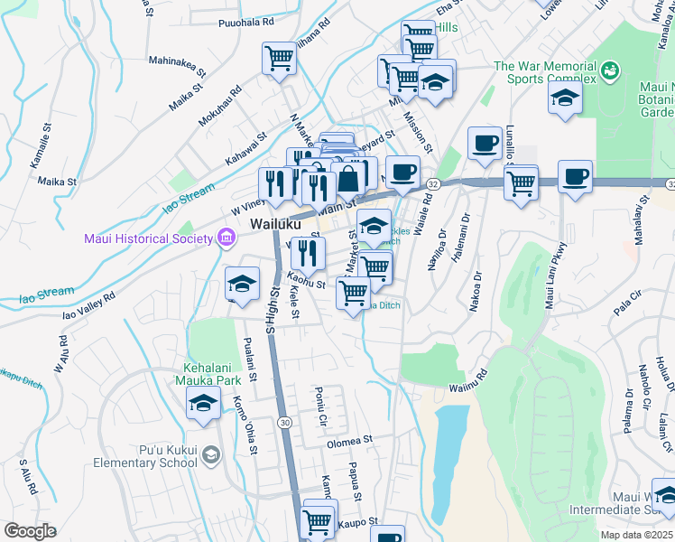 map of restaurants, bars, coffee shops, grocery stores, and more near 2048 Pakolu Street in Wailuku