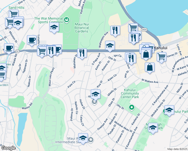 map of restaurants, bars, coffee shops, grocery stores, and more near 146 Kono Place in Kahului