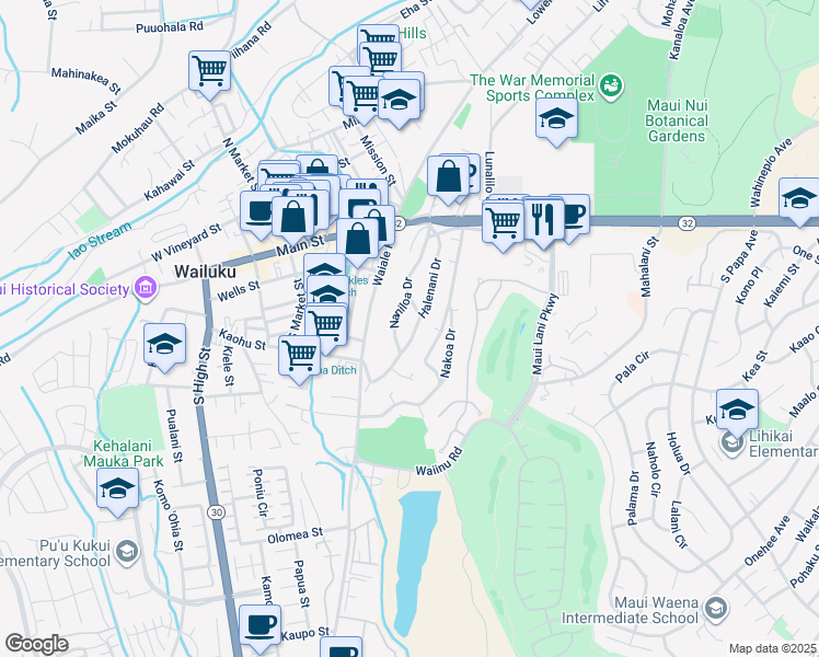 map of restaurants, bars, coffee shops, grocery stores, and more near 269 Halenani Drive in Wailuku