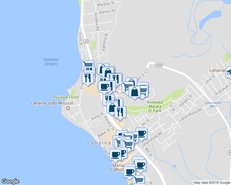 map of restaurants, bars, coffee shops, grocery stores, and more near 1299 Keawe Street in Lahaina