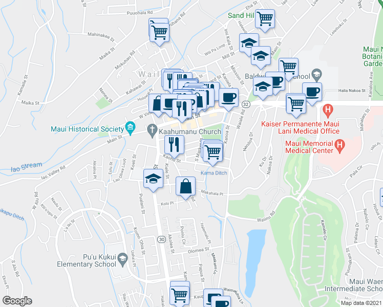 map of restaurants, bars, coffee shops, grocery stores, and more near 2048 Pakolu Street in Wailuku