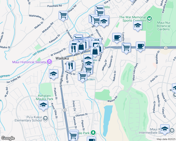 map of restaurants, bars, coffee shops, grocery stores, and more near 260 South Market Street in Wailuku