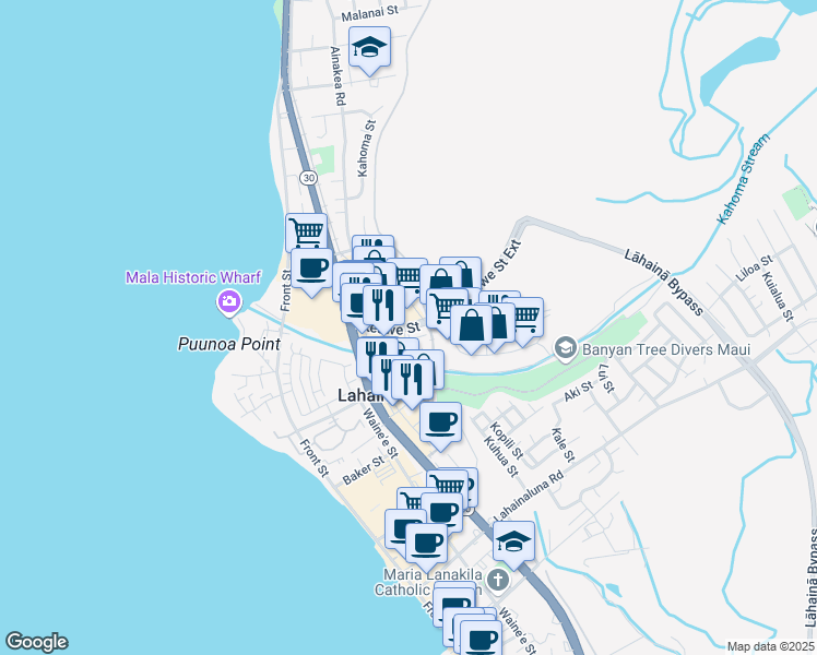 map of restaurants, bars, coffee shops, grocery stores, and more near Keawe Street in Lahaina