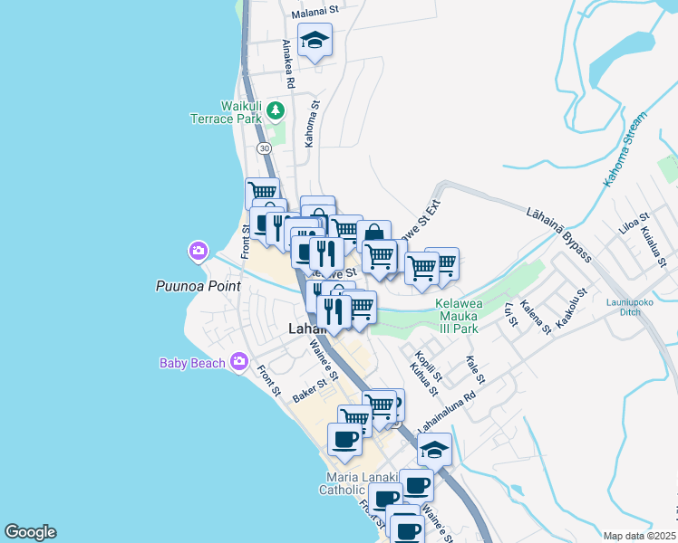 map of restaurants, bars, coffee shops, grocery stores, and more near Keawe Street in Lahaina