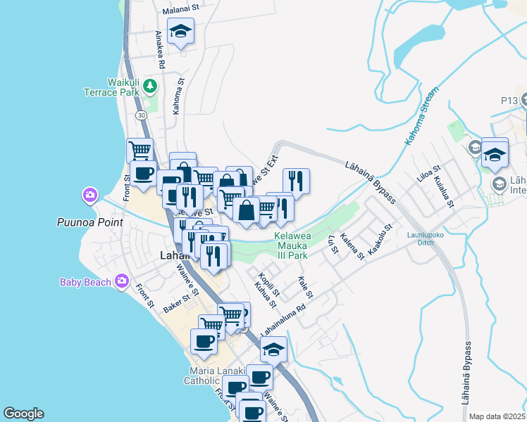 map of restaurants, bars, coffee shops, grocery stores, and more near 60 Ulupono Street in Lahaina