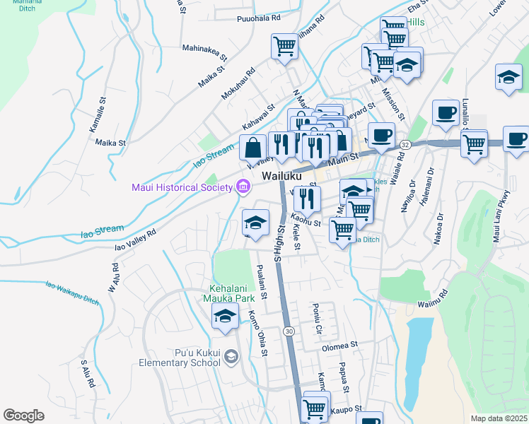map of restaurants, bars, coffee shops, grocery stores, and more near 229 Awapuhi Place in Wailuku