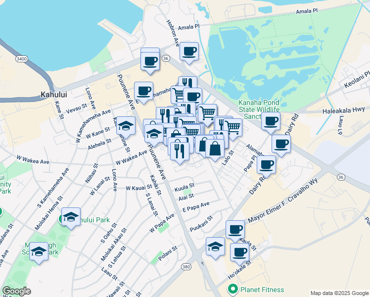 map of restaurants, bars, coffee shops, grocery stores, and more near 300 Hoohana Street in Kahului