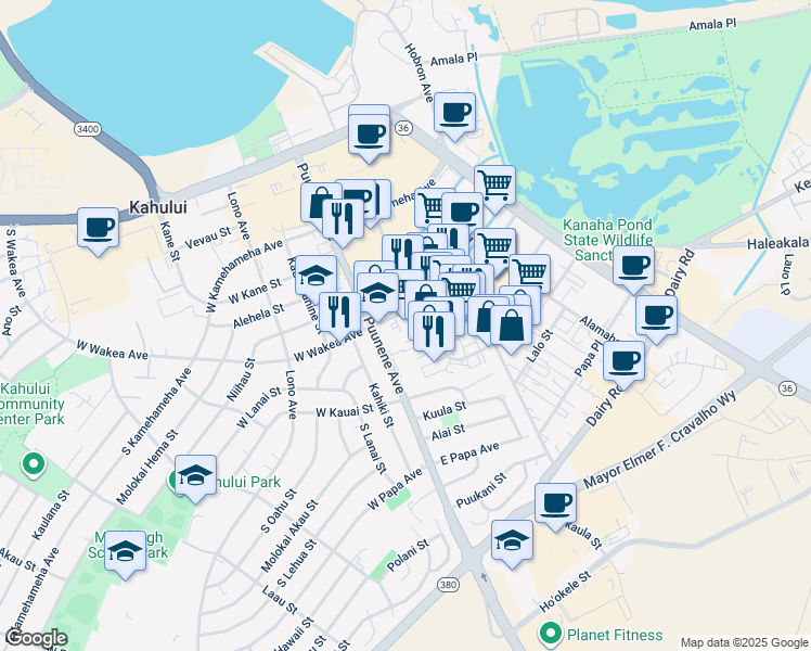 map of restaurants, bars, coffee shops, grocery stores, and more near 60 East Wakea Avenue in Kahului