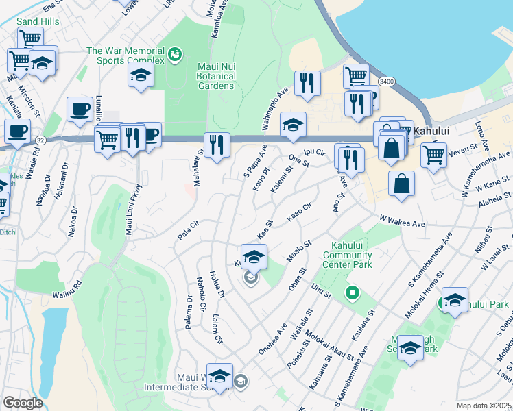 map of restaurants, bars, coffee shops, grocery stores, and more near 546 Niau Street in Kahului