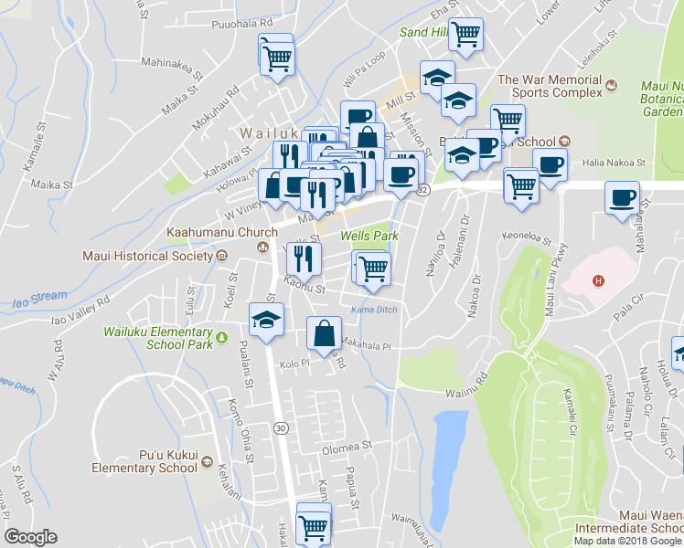 map of restaurants, bars, coffee shops, grocery stores, and more near 2018 Pakolu Street in Wailuku
