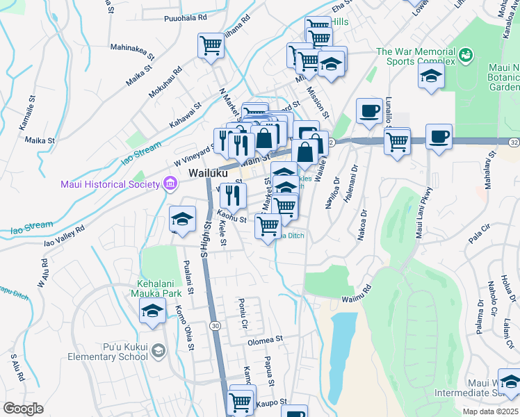map of restaurants, bars, coffee shops, grocery stores, and more near 2018 Pakolu Street in Wailuku