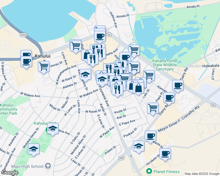 map of restaurants, bars, coffee shops, grocery stores, and more near 60 East Wakea Avenue in Kahului