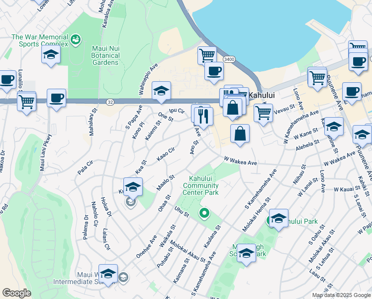 map of restaurants, bars, coffee shops, grocery stores, and more near 408 Ano Street in Kahului