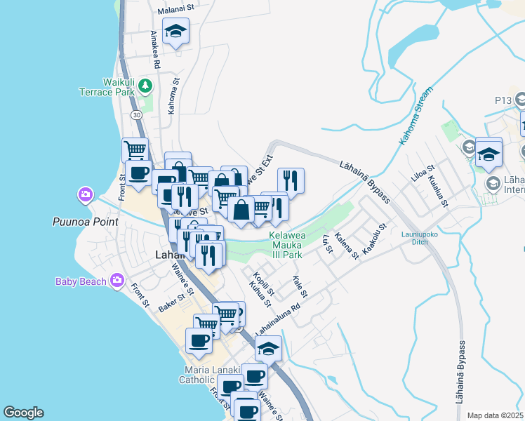 map of restaurants, bars, coffee shops, grocery stores, and more near 72 Ulupono Street in Lahaina