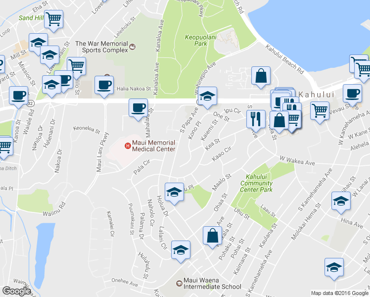 map of restaurants, bars, coffee shops, grocery stores, and more near 146 Kono Place in Kahului