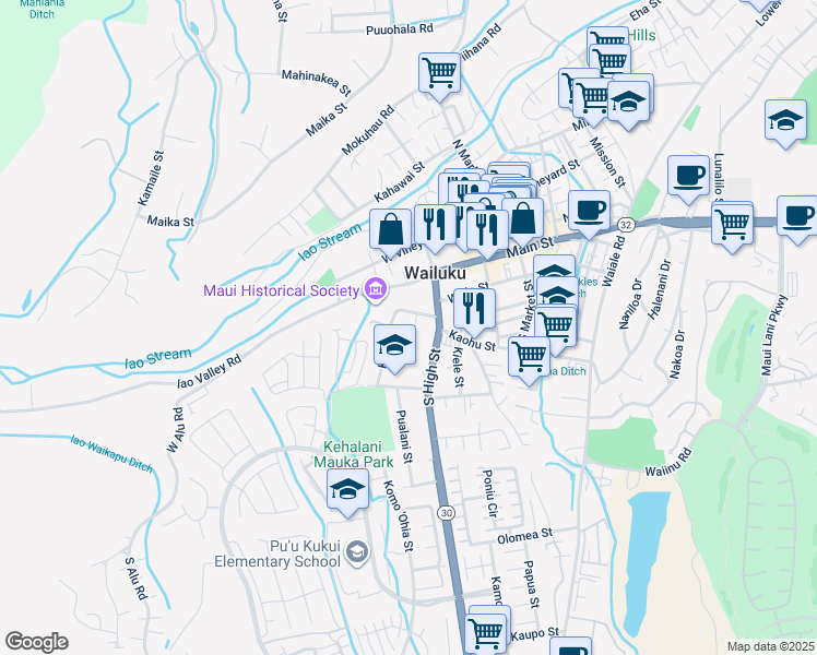 map of restaurants, bars, coffee shops, grocery stores, and more near 229 Awapuhi Place in Wailuku