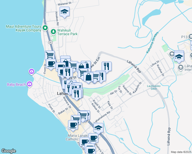 map of restaurants, bars, coffee shops, grocery stores, and more near 151 Kupuohi Street in Lahaina