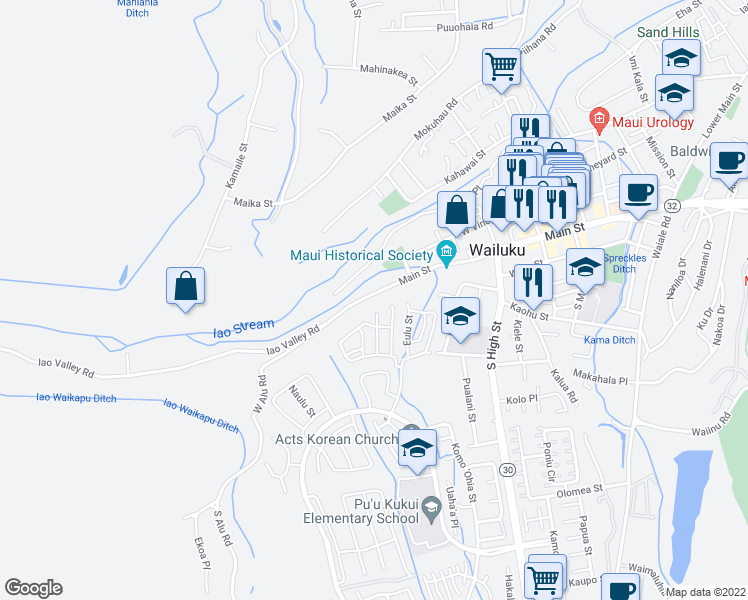 map of restaurants, bars, coffee shops, grocery stores, and more near 2555 Main Street in Wailuku