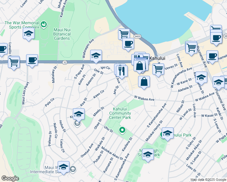 map of restaurants, bars, coffee shops, grocery stores, and more near 406 Ano Street in Kahului