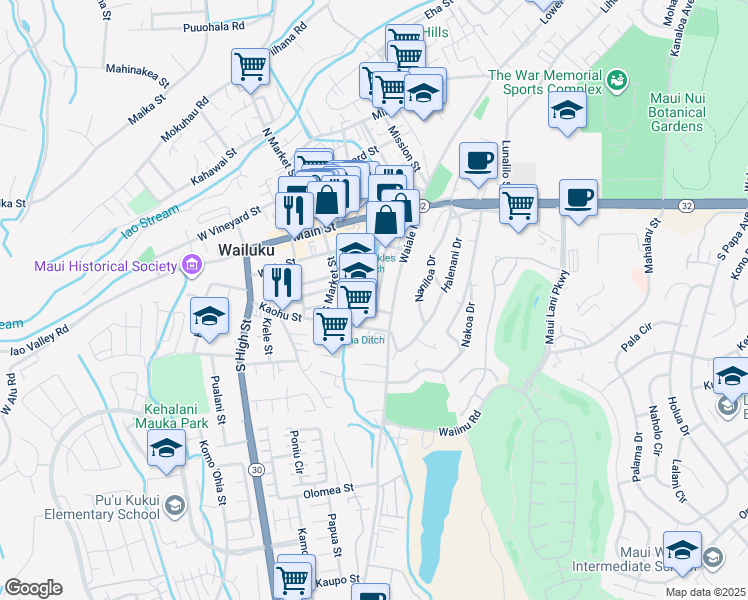 map of restaurants, bars, coffee shops, grocery stores, and more near 249 Kanoa Street in Wailuku