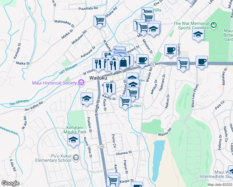 map of restaurants, bars, coffee shops, grocery stores, and more near 2091 Palua Street in Wailuku