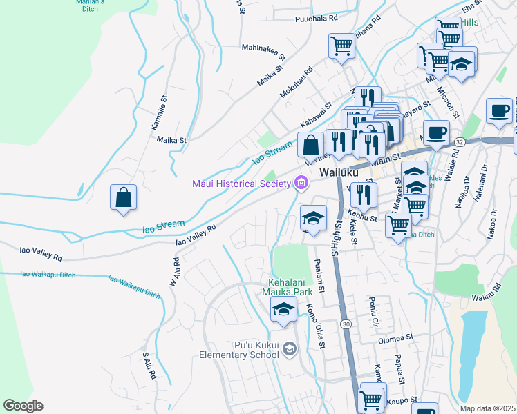map of restaurants, bars, coffee shops, grocery stores, and more near 2555 Main Street in Wailuku