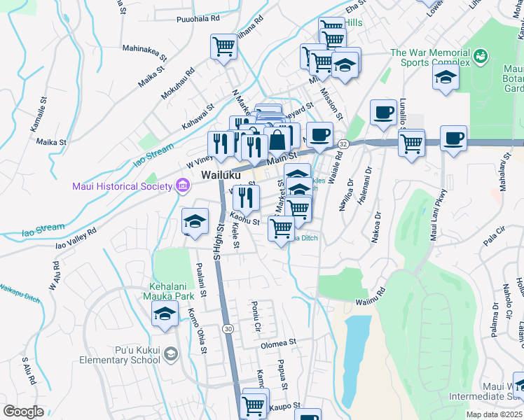 map of restaurants, bars, coffee shops, grocery stores, and more near 2091 Palua Street in Wailuku