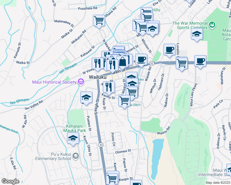 map of restaurants, bars, coffee shops, grocery stores, and more near 2091 Palua Street in Wailuku