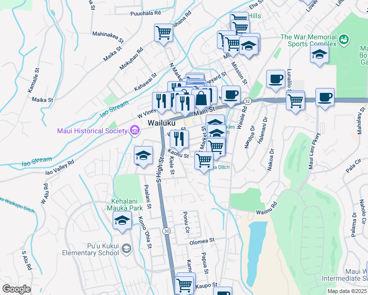 map of restaurants, bars, coffee shops, grocery stores, and more near 2120 Onaona Street in Wailuku