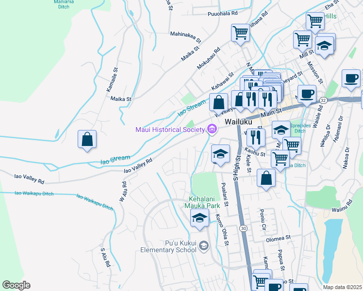 map of restaurants, bars, coffee shops, grocery stores, and more near 2547 Main Street in Wailuku