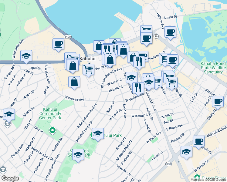 map of restaurants, bars, coffee shops, grocery stores, and more near 145 Alehela Street in Kahului