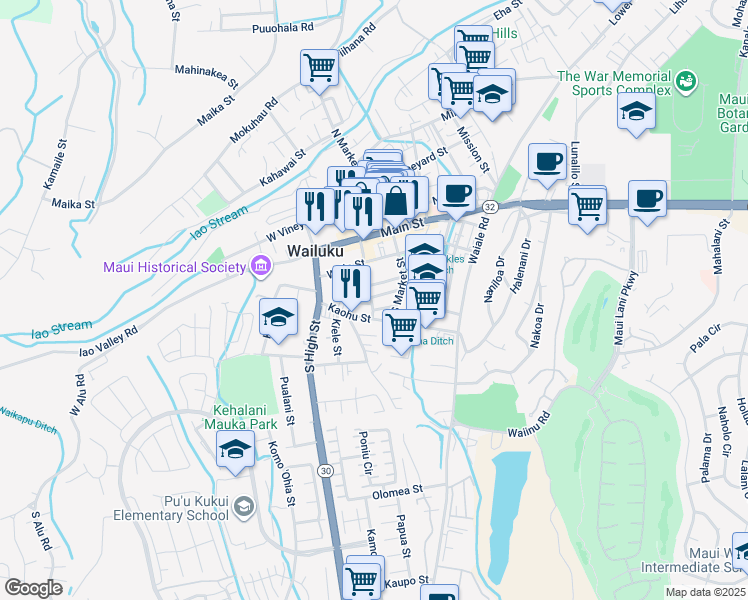 map of restaurants, bars, coffee shops, grocery stores, and more near 2091 Palua Street in Wailuku