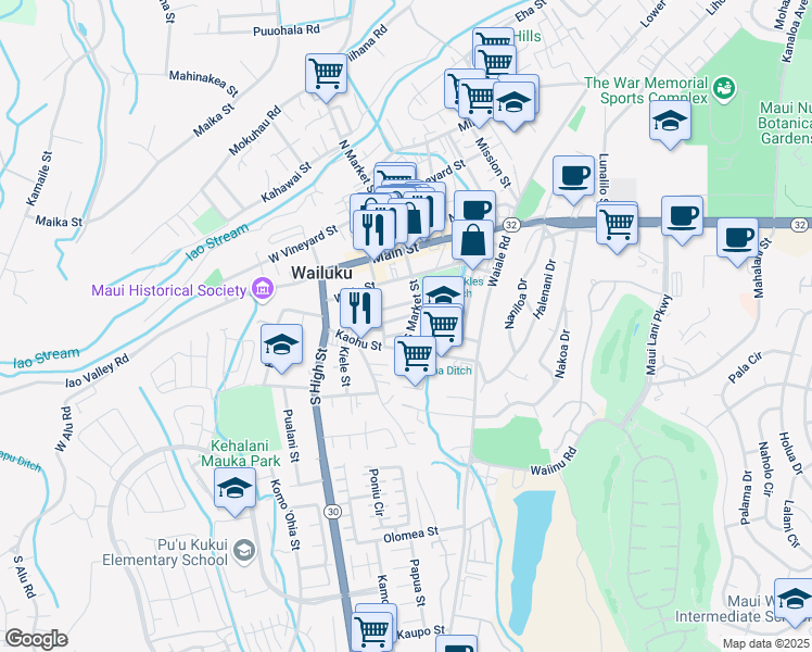map of restaurants, bars, coffee shops, grocery stores, and more near 260 South Market Street in Wailuku