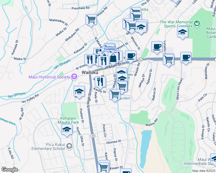 map of restaurants, bars, coffee shops, grocery stores, and more near 2085 Palua Street in Wailuku