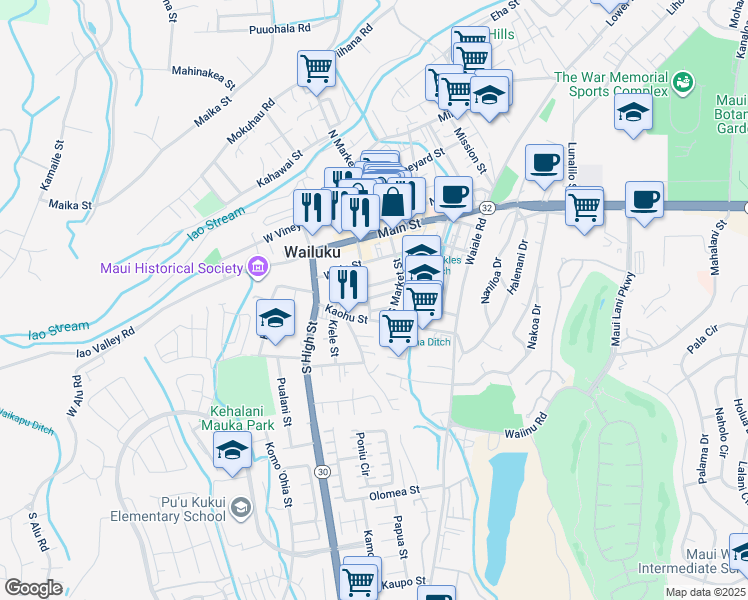 map of restaurants, bars, coffee shops, grocery stores, and more near 2085 Palua Street in Wailuku